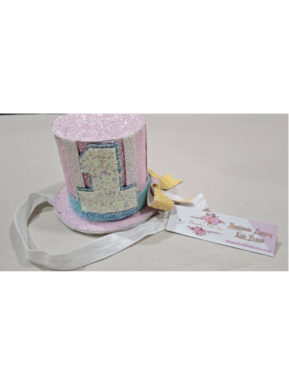 Girls Handmade First Birthday Glitter Mini Top Hat Headband Pink Gold